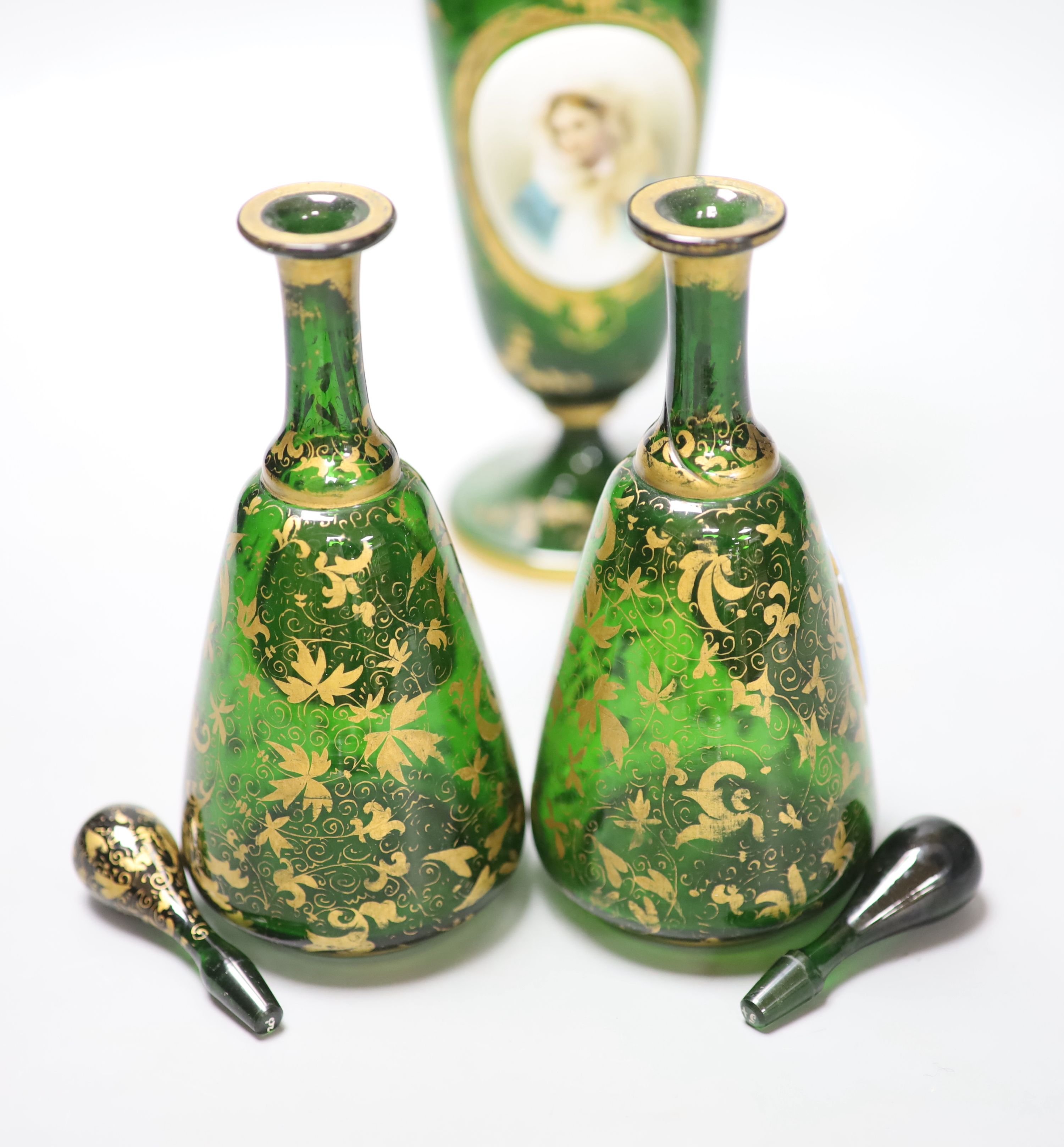 A Bohemian gilded glass vase with porcelain portrait plaque, late 19th century and a pair of similar scent bottles, tallest 24.5cm